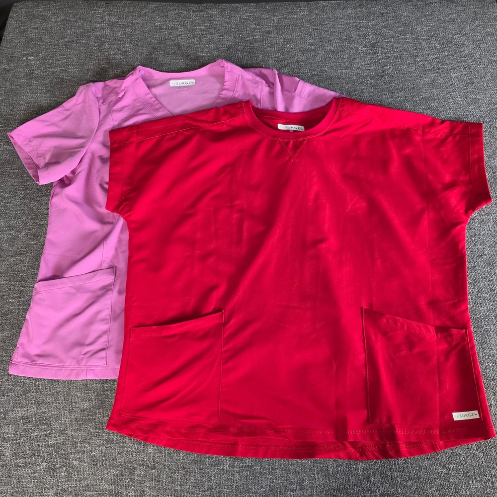 Resurge Women XL Scrub Tops Bundle Red Crew Neck Orchid Pink V-Neck 2pk